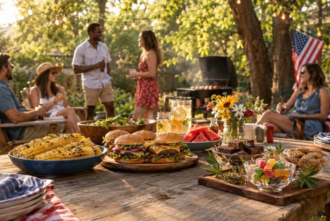 Backyard Memorial Day BBQ with cannabis-infused edibles and grilled food on picnic table