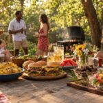 Backyard Memorial Day BBQ with cannabis-infused edibles and grilled food on picnic table