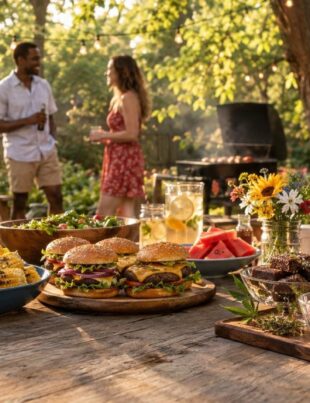 Backyard Memorial Day BBQ with cannabis-infused edibles and grilled food on picnic table