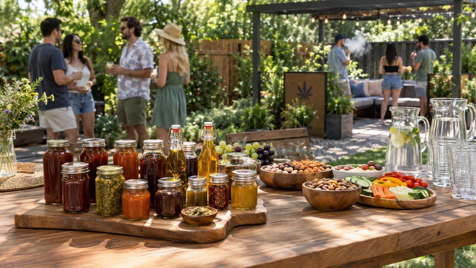 Backyard table with cannabis-infused BBQ condiments and designated smoking zone
