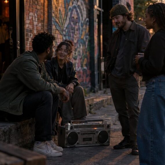 Group of adults near urban music venue with subtle cannabis vape pen visible