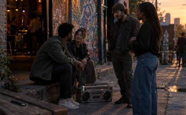 Group of adults near urban music venue with subtle cannabis vape pen visible