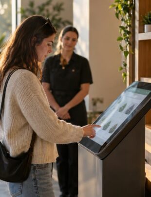 Customer using touchscreen kiosk in cannabis dispensary with budtender nearby