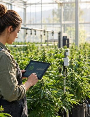 Cannabis grower using a tablet in a greenhouse with healthy plants