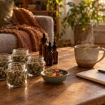 Glass jars of cannabis flower and dropper bottles on wooden table in warm light