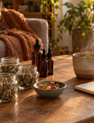 Glass jars of cannabis flower and dropper bottles on wooden table in warm light