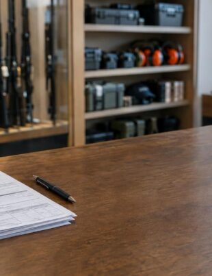 Gun store counter with firearm transaction forms and firearms in background