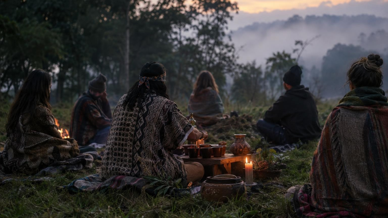 Ayahuasca ceremony at dusk in a meadow: people seated in a circle, shaman preparing tea, soft candlelight.