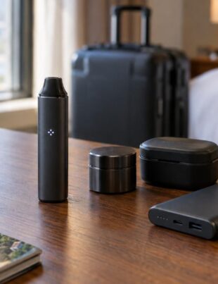 Compact travel cannabis vaporizer and odor-proof containers on hotel desk