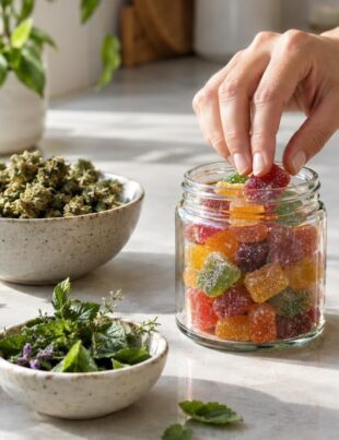 Glass jar of CBD botanical gummies with dried hemp and mushrooms on kitchen counter