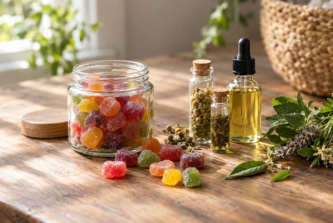 Jar of colorful functional gummies with botanical extracts on wooden table