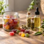 Jar of colorful functional gummies with botanical extracts on wooden table