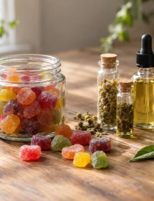 Jar of colorful functional gummies with botanical extracts on wooden table