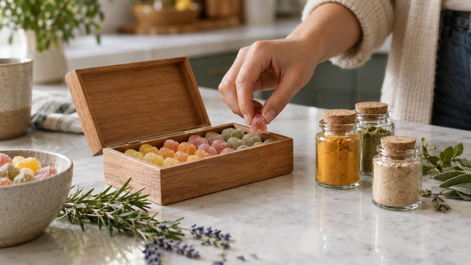 Functional gummies displayed in a kitchen setting with botanical extract jars and fresh herbs