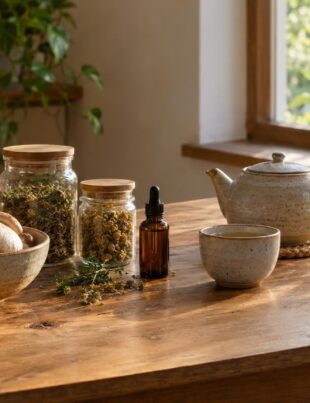Sunlit table with botanical wellness items and fresh mushrooms by a window