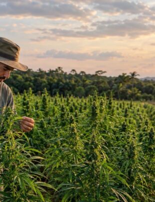 Agricultural scientist inspecting tropical hemp plants in a Brazilian field at golden hour