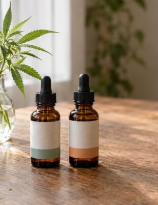 Two unbranded hemp extract bottles on a wooden table near window light