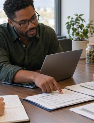 Professionals reviewing cannabis compliance checklists in a modern office setting