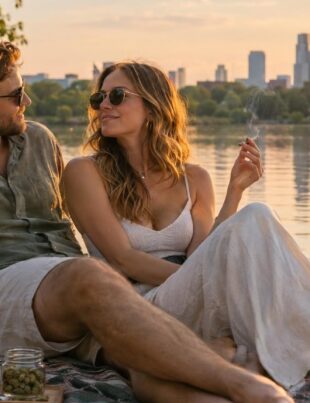 Couple enjoying cannabis products on a lakeside dock in the Twin Cities