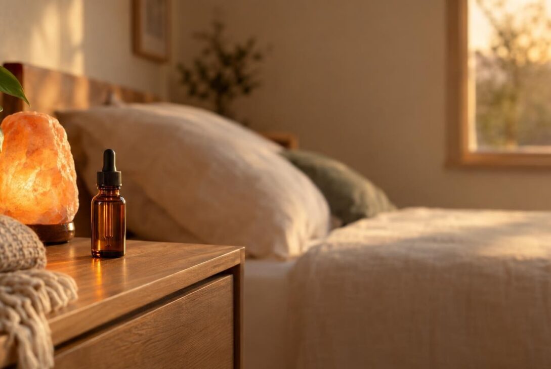 Bedside table with amber dropper bottle and warm light for sleep