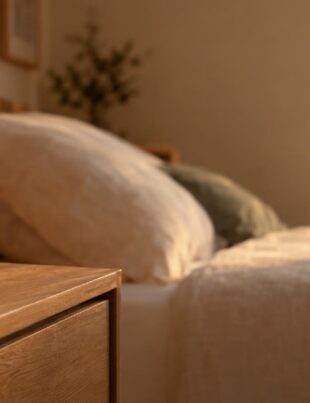 Bedside table with amber dropper bottle and warm light for sleep