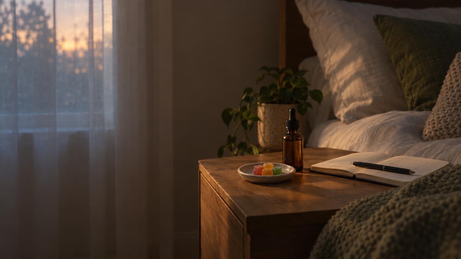 Bedside table with tincture bottle, gummies, and sleep log in cozy bedroom at dusk
