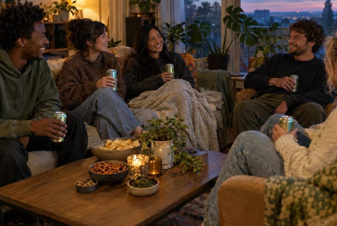 Young adults enjoying cannabis beverages together in a cozy living room setting