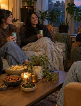 Young adults enjoying cannabis beverages together in a cozy living room setting