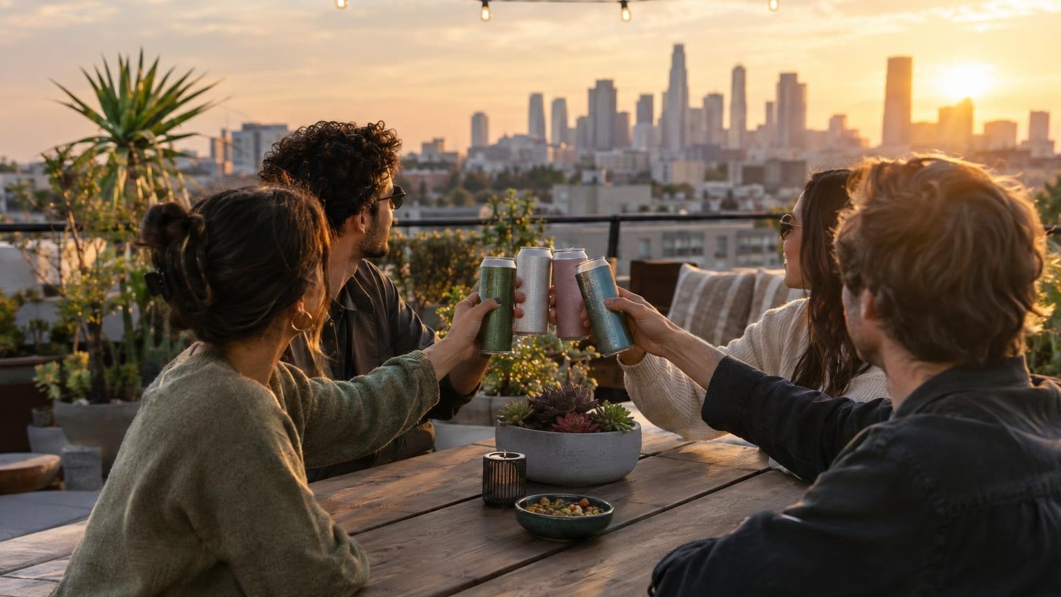 Friends sharing cannabis beverages on a rooftop patio during golden hour