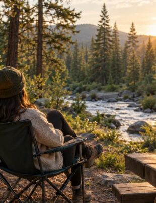 Calm forest campsite with camper and CBD products at golden hour