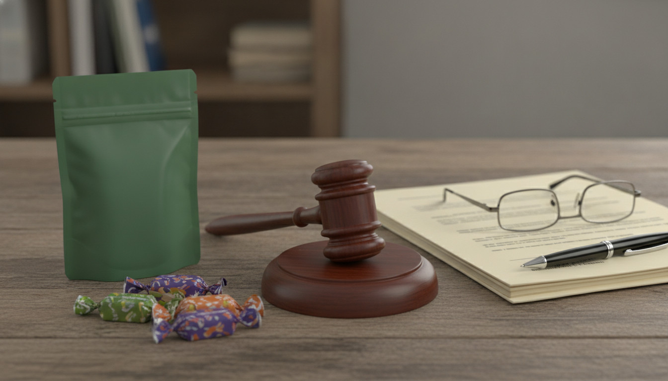 Child resistant candy pouch and colorful non branded wrappers arranged beside legal documents, a gavel, reading glasses, and a pen on a wooden table — neutral studio lighting, no text or logos.