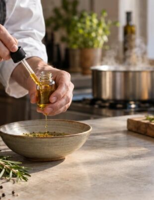 Chef infusing cannabis oil into a bowl with fresh herbs and spices in a kitchen