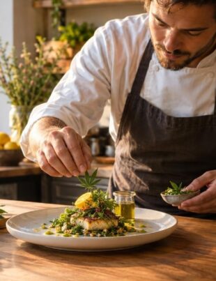 Chef plating a gourmet cannabis-infused dish in a sunlit kitchen