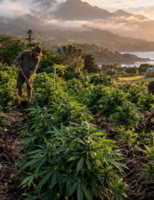 Mountain organic cannabis farm with farmers and distant reggae-rock festival stage