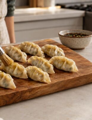 Fresh cannabis-infused potstickers on a wooden board with dipping sauce