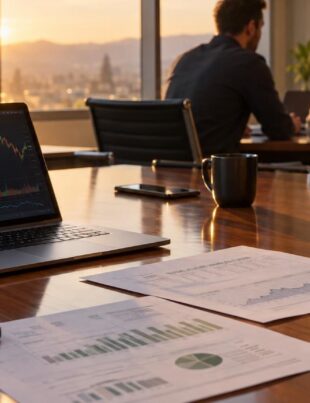 Cannabis company office with financial documents and unbranded cannabis jar on table