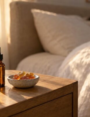 Sunlit bedside table with CBD sleep aid products and a person resting in bed
