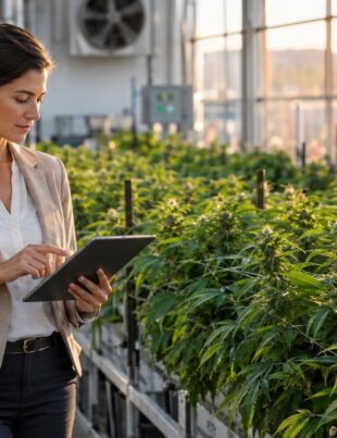 Investor reviewing cannabis cultivation facility during golden hour