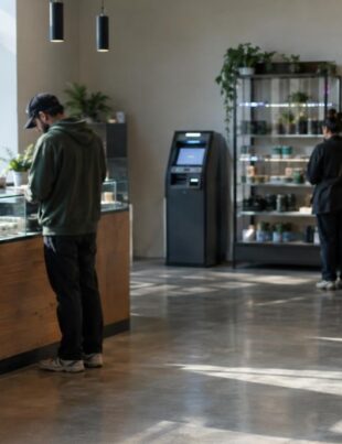 Cannabis dispensary lobby with customers and an unbranded ATM machine