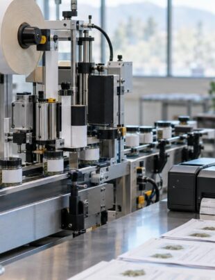 Automated cannabis labeling machine in a bright production facility with technician monitoring
