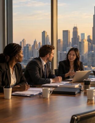 Professionals in a conference room discussing cannabis law and banking issues in Chicago