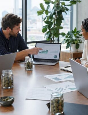 Business professionals discussing cannabis financing around a conference table with cannabis jars