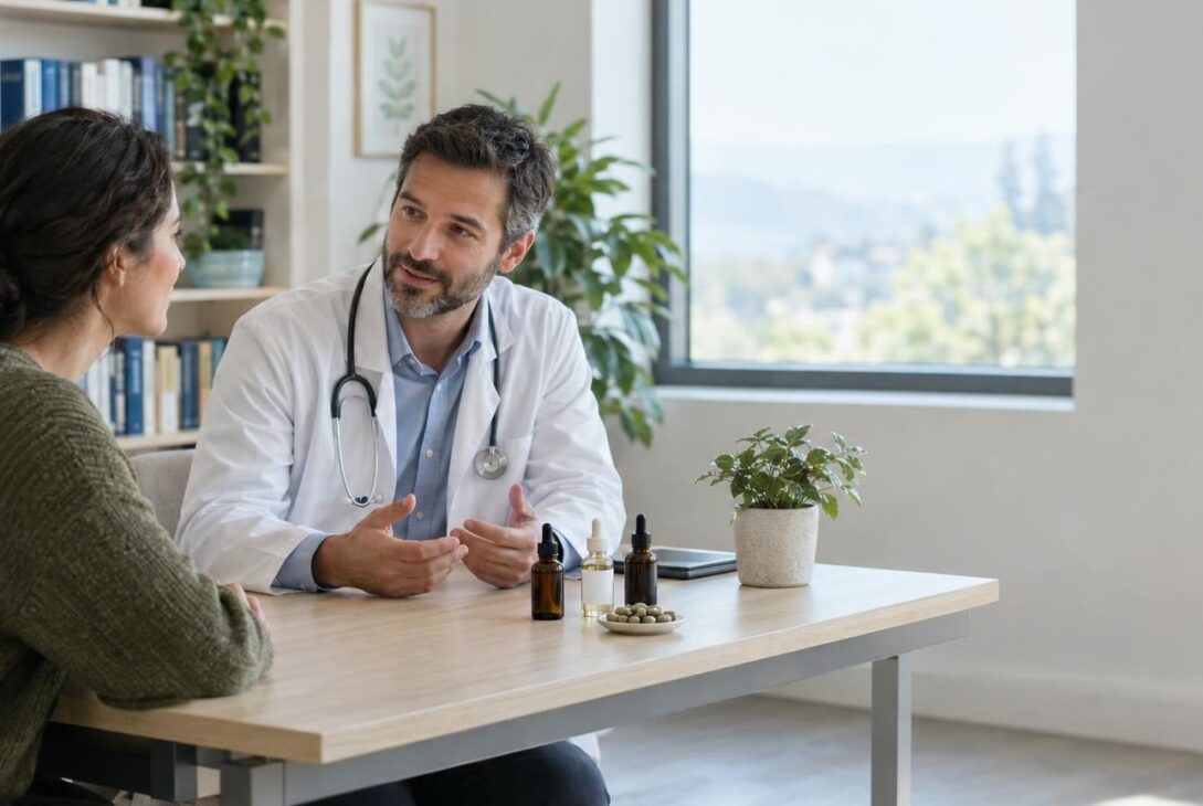 Doctor consulting patient about cannabis microdosing in clinical setting