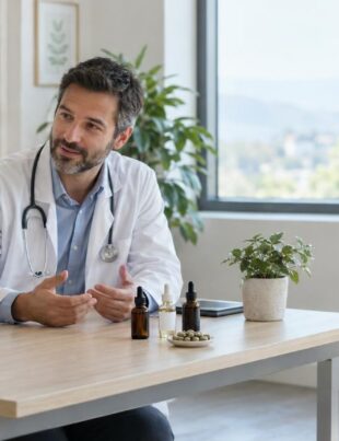 Doctor consulting patient about cannabis microdosing in clinical setting