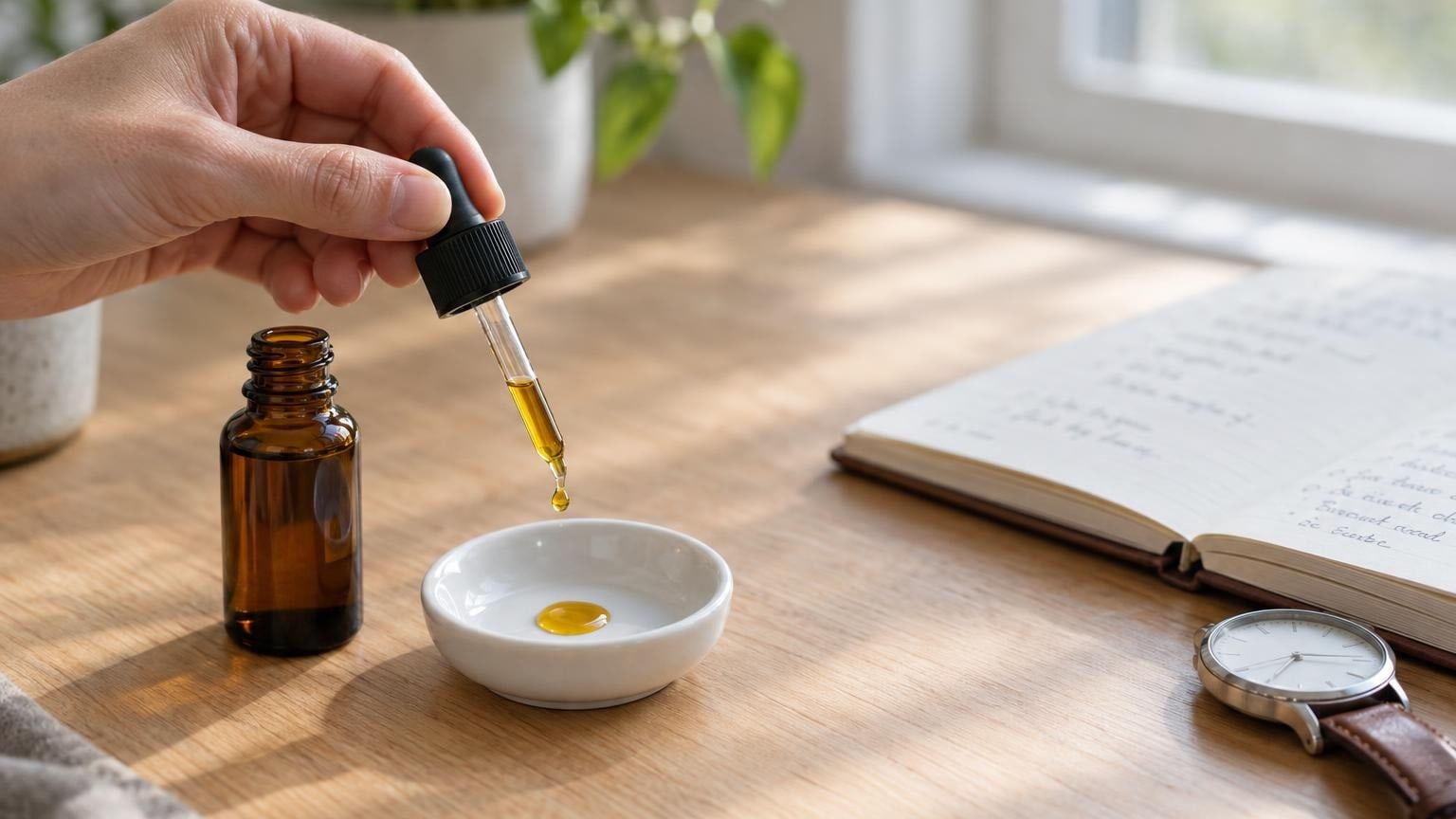 Close-up of dropper releasing cannabis oil drop into dish for microdosing