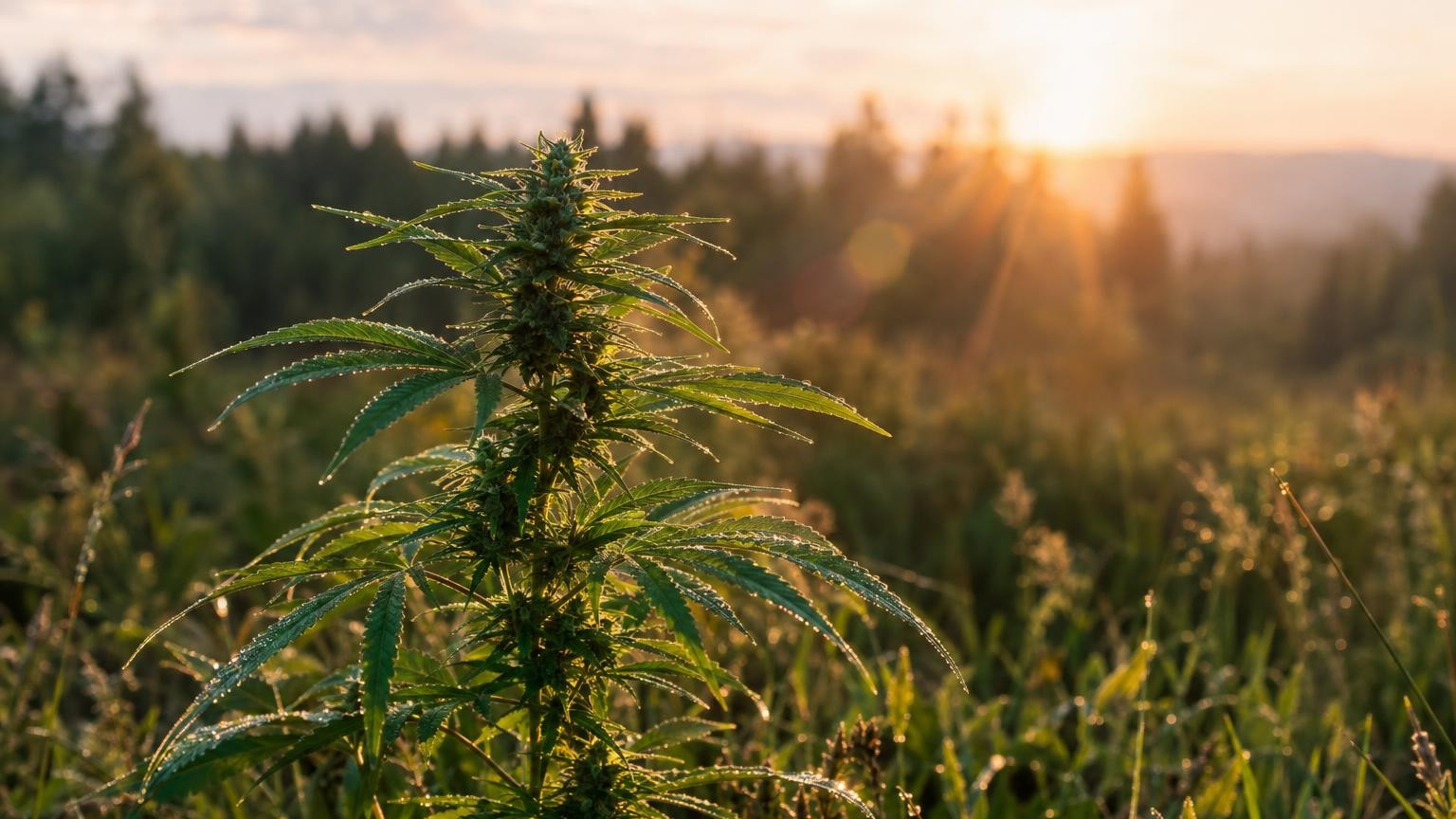 Cannabis plant in a calm meadow at golden hour