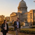 State capitol building at golden hour with people walking nearby