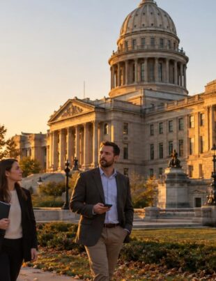 State capitol building at golden hour with people walking nearby