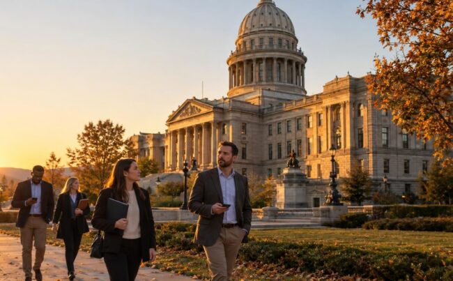 State capitol building at golden hour with people walking nearby