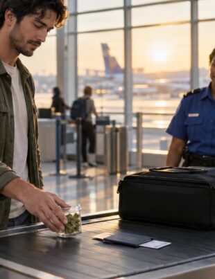 Traveler placing medical cannabis container on TSA airport security conveyor belt
